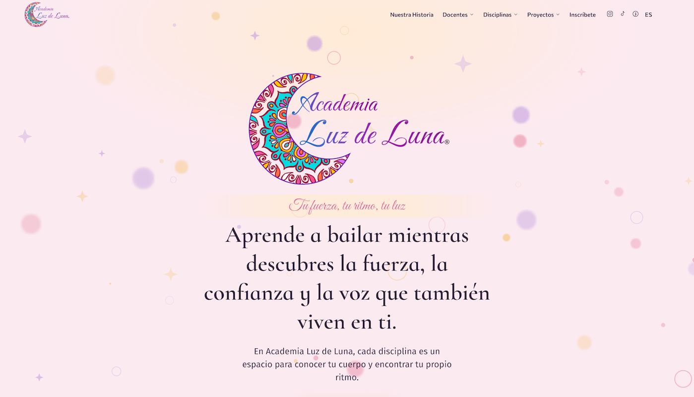Vista del sitio web de Academia Luz de Luna
